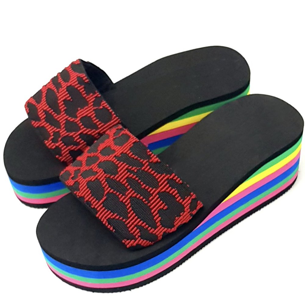 Rainbow Layer Wedge Leopard Print Flatform Sandals